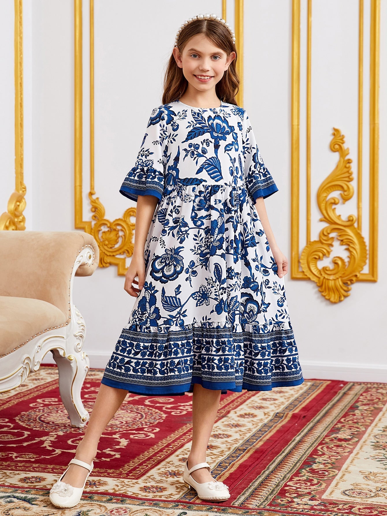 Tween Girl Floral Print Flounce Sleeve Ruffle Hem Dress