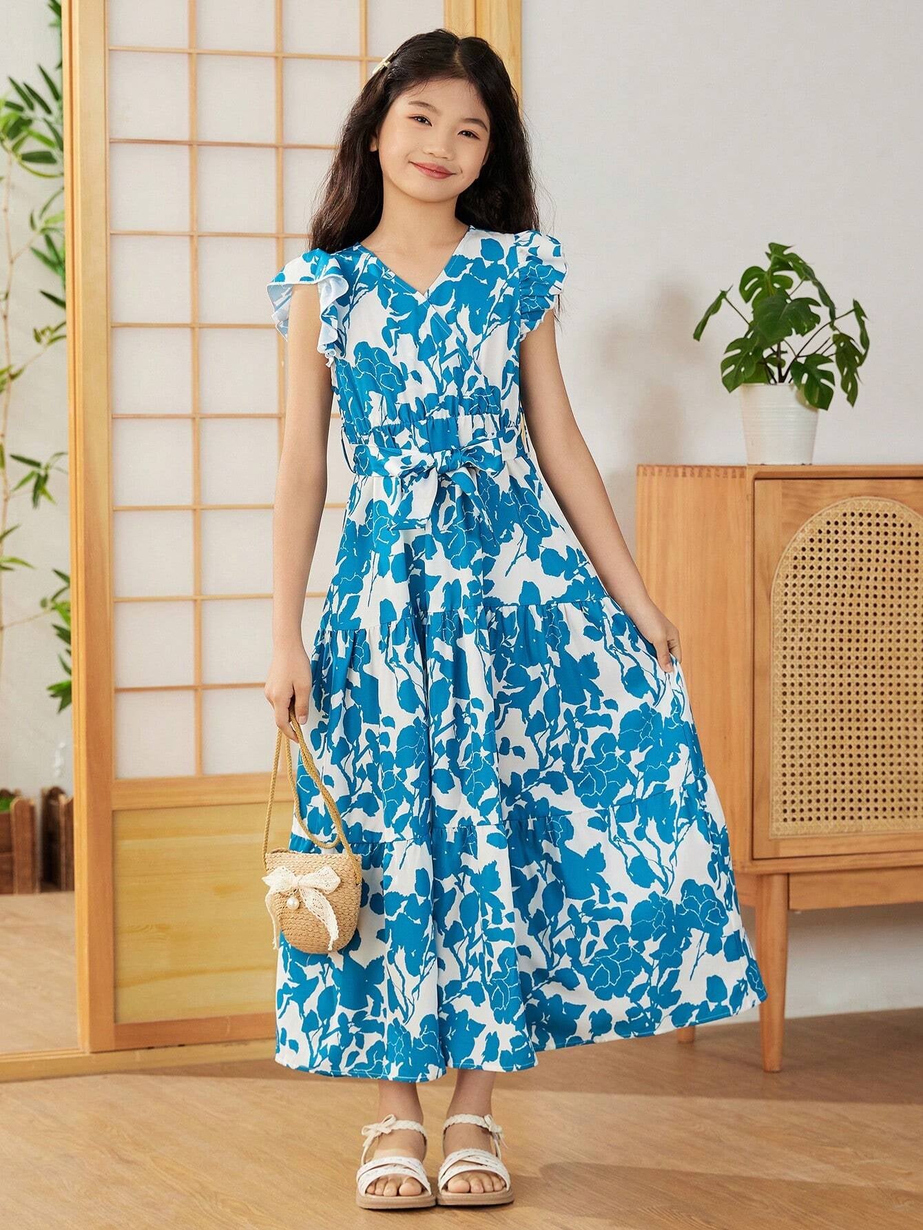 Tween Girls' Elegant Cross V-Neckline Floral Printed Dress with Ruffle Sleeves, Pleated and Tie for Summer