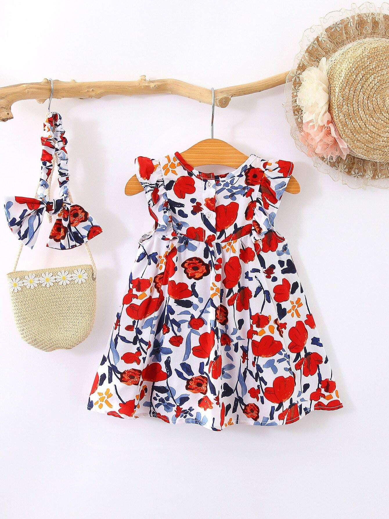 Baby Girl'S Full Print Floral Dress with Ruffled Hem and Headband