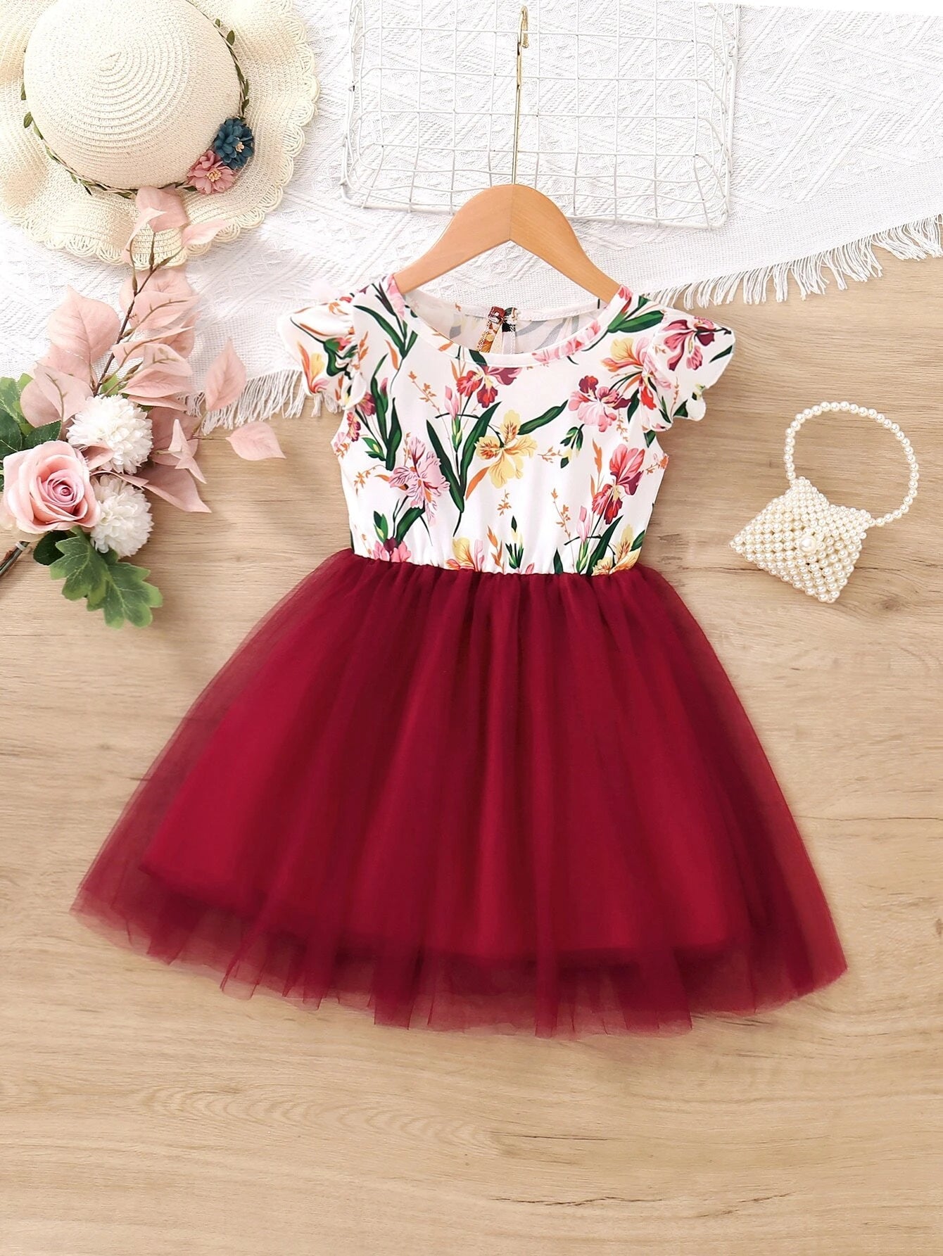 Young Girl Floral Print Contrast Mesh A-Line Dress
