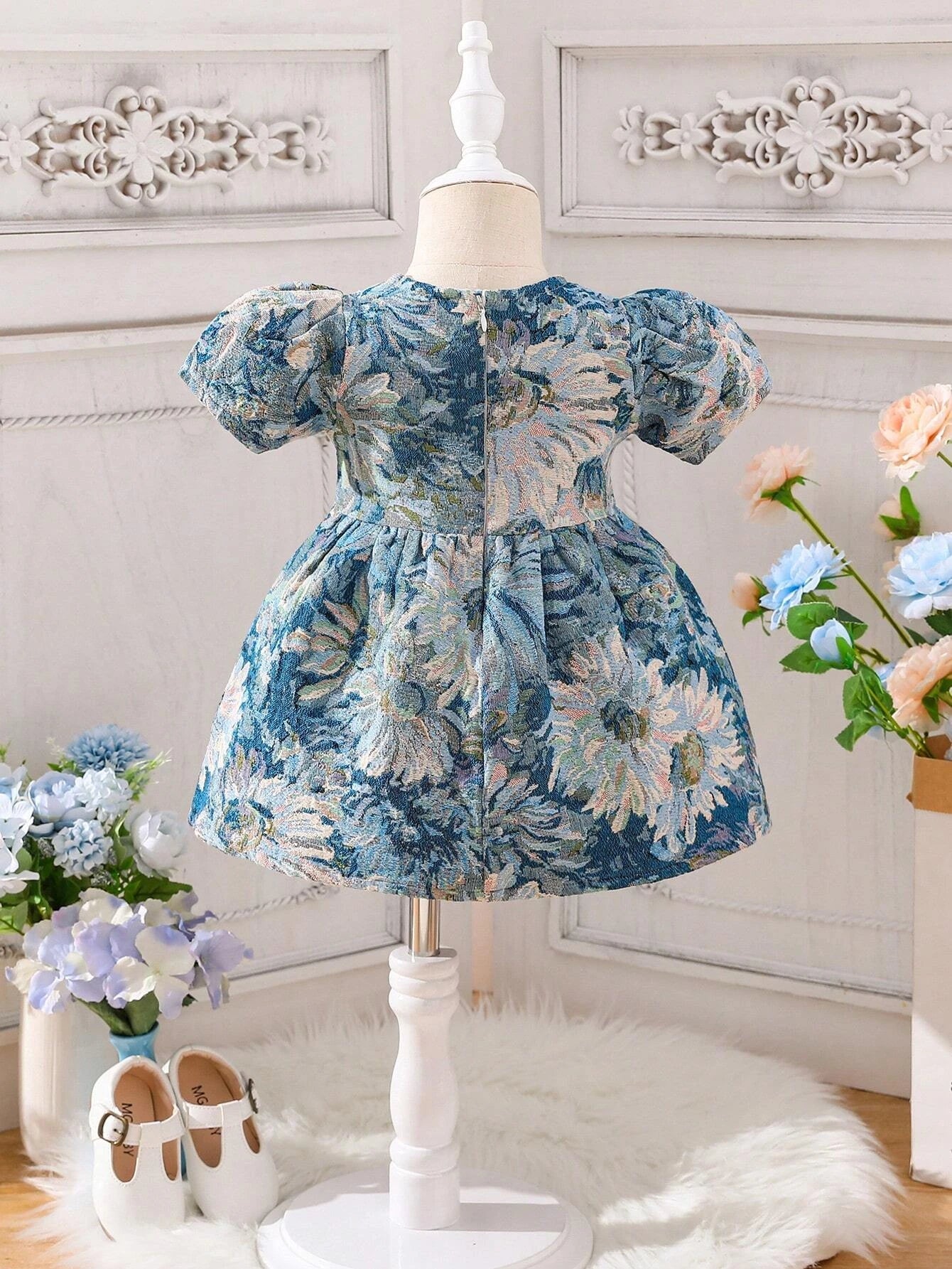 Baby Girl Floral Jacquard Puff Sleeve Dress
