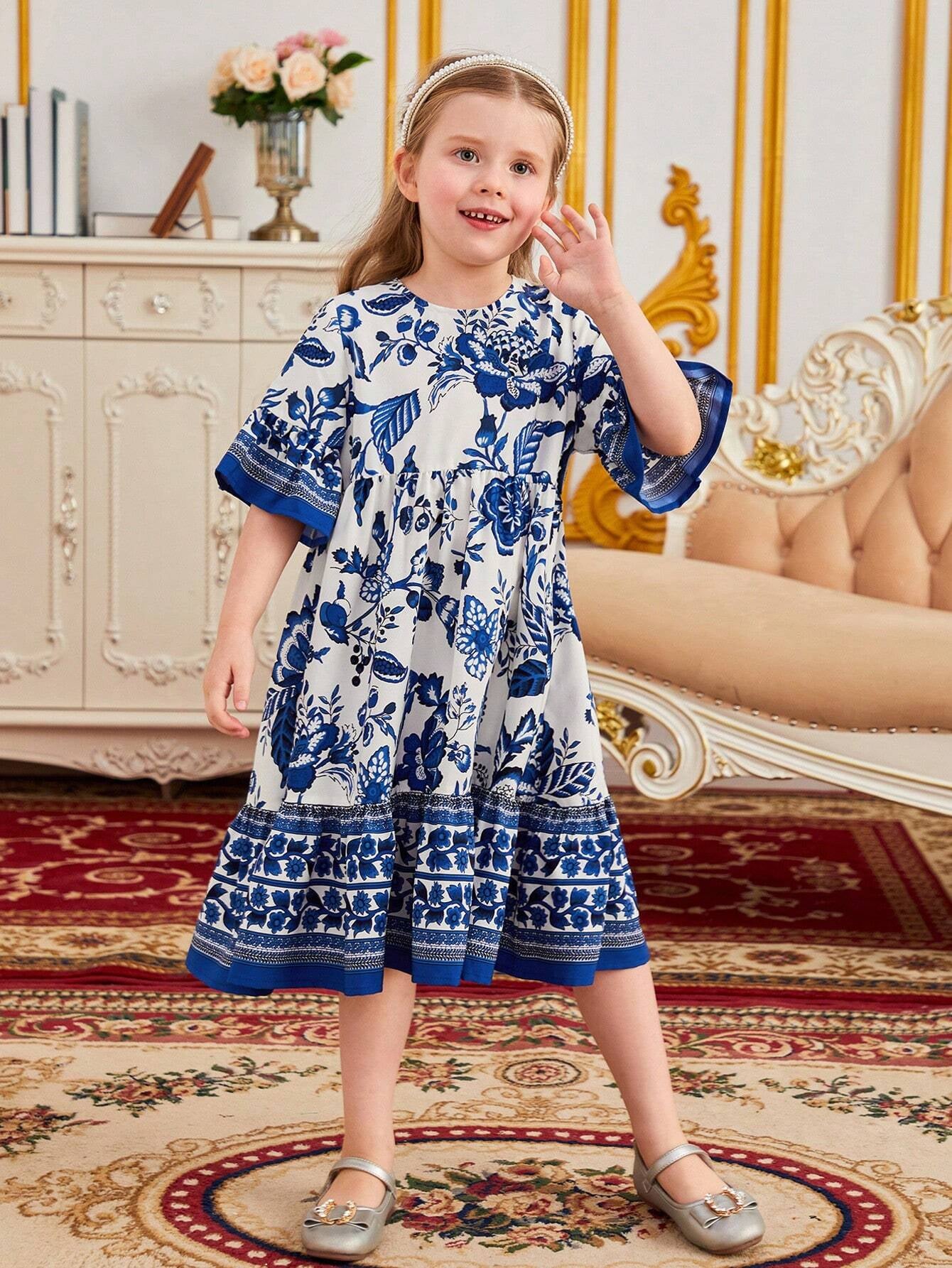 Young Girl Floral Print Flounce Sleeve Ruffle Hem Smock Dress