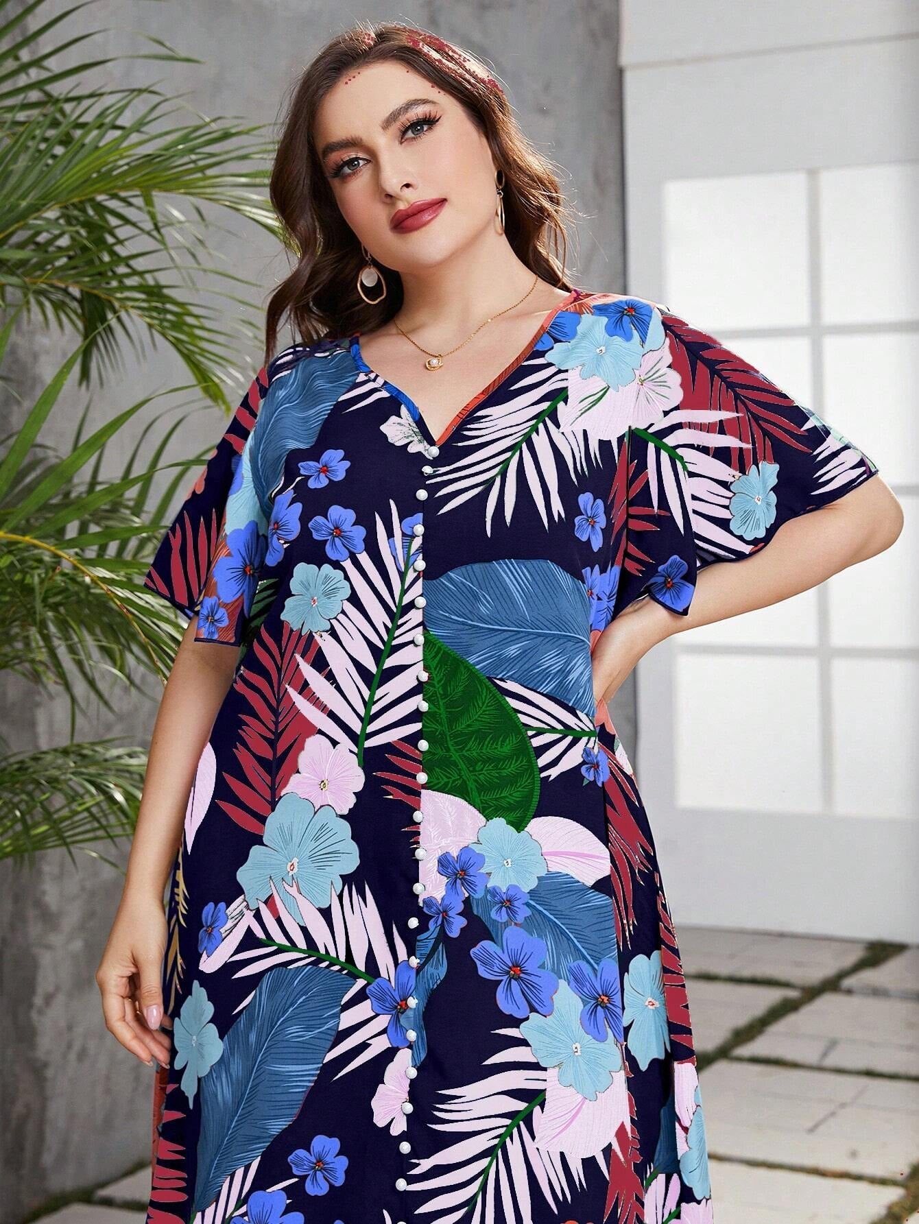 Mulvari plus Tropical Print Butterfly Sleeve Fake Button Dress