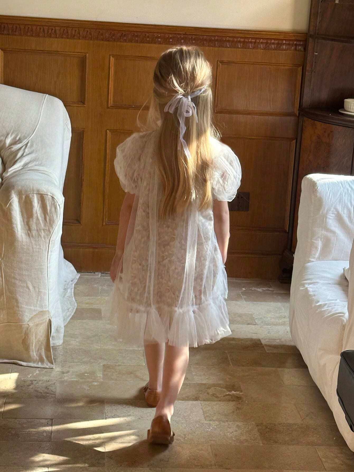 Young Girls' Vintage Floral Patchwork Mesh Bubble Sleeve Dress with Print, Casual Style