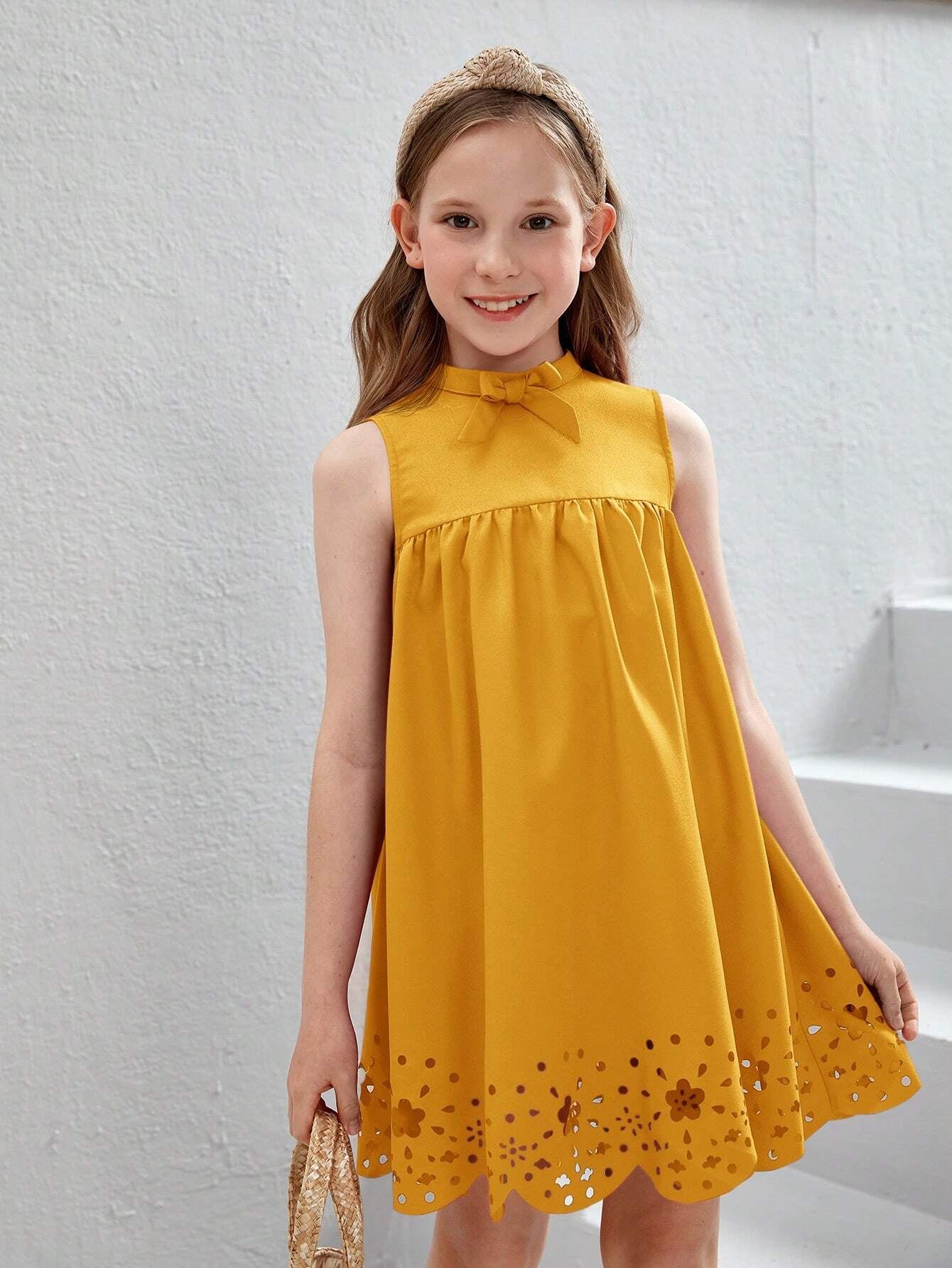 Tween Girl'S Woven Burn-Out Waves Printed Sleeveless Dress with Ruffle Stand Collar, Perfect for Vacation