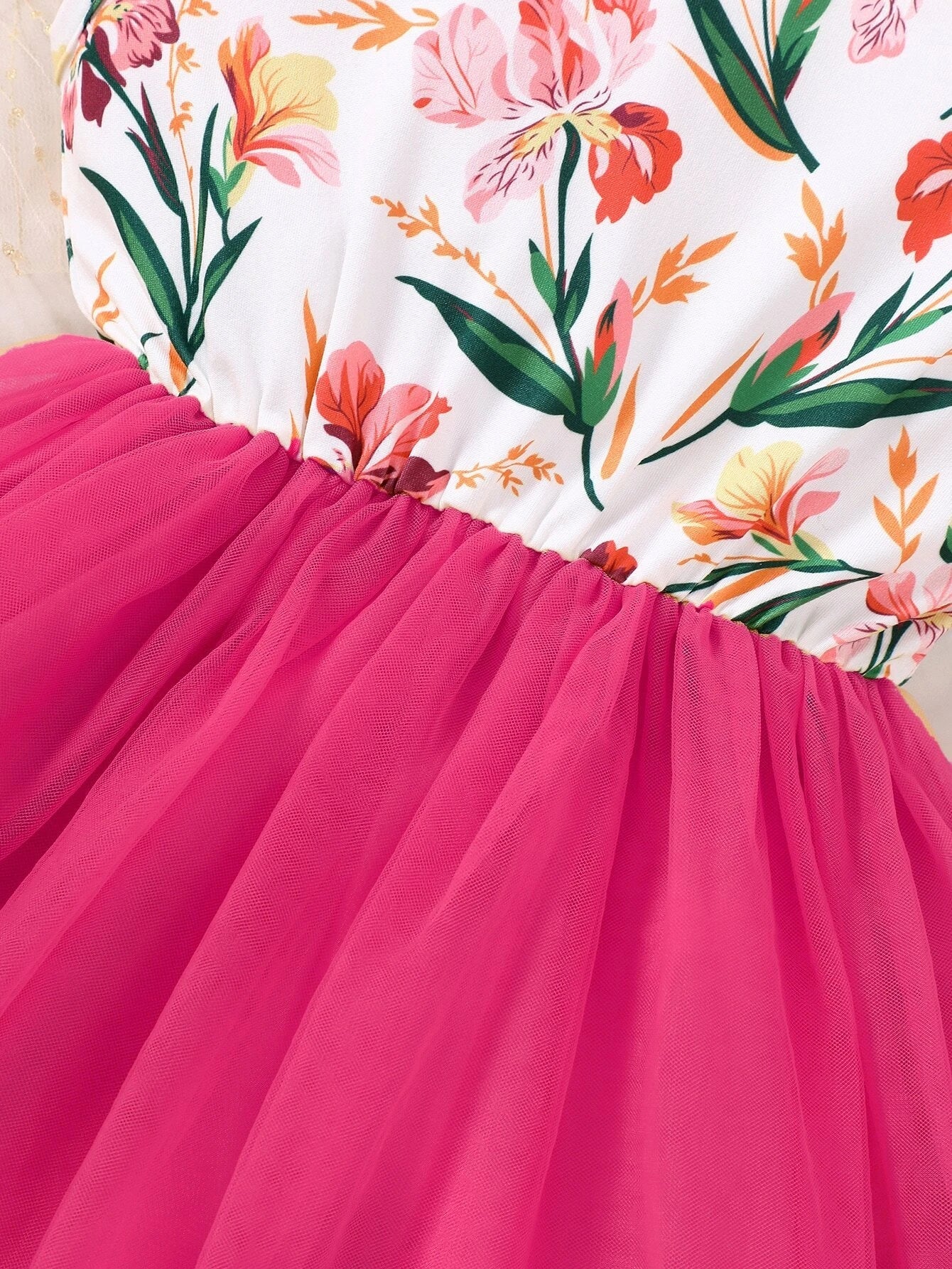Young Girl Floral Print Contrast Mesh A-Line Dress
