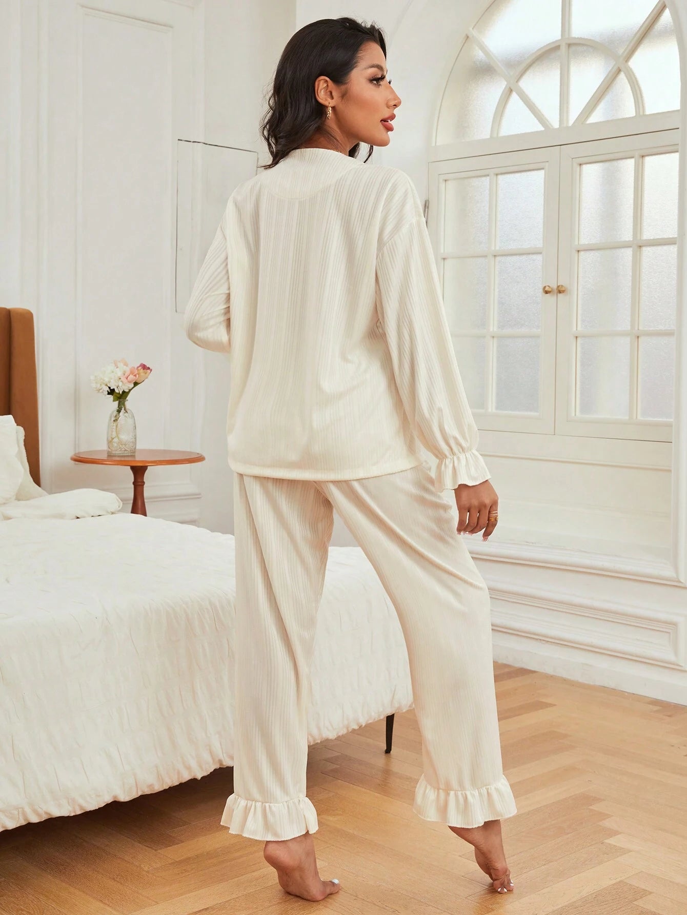 Flounce Sleeve Knot Front Ruffle Hem PJ Set