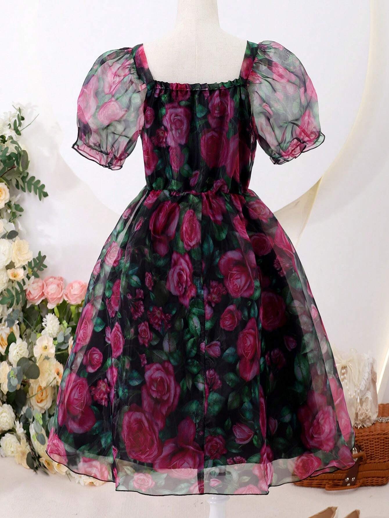 Tween Girl Floral Printed Mesh Patchwork Puff Sleeve Dress