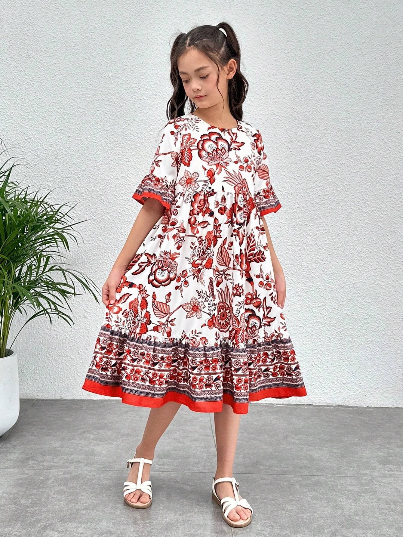 Tween Girl Floral Print Flounce Sleeve Ruffle Hem Dress