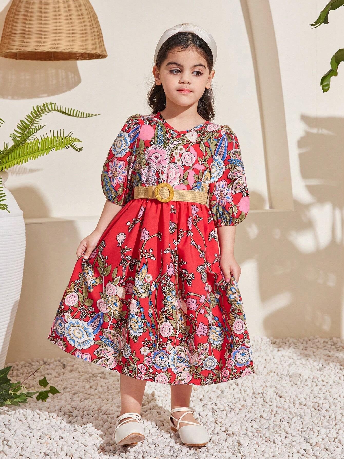 Young Girl Floral Printed V-Neck Puff Sleeve Dress