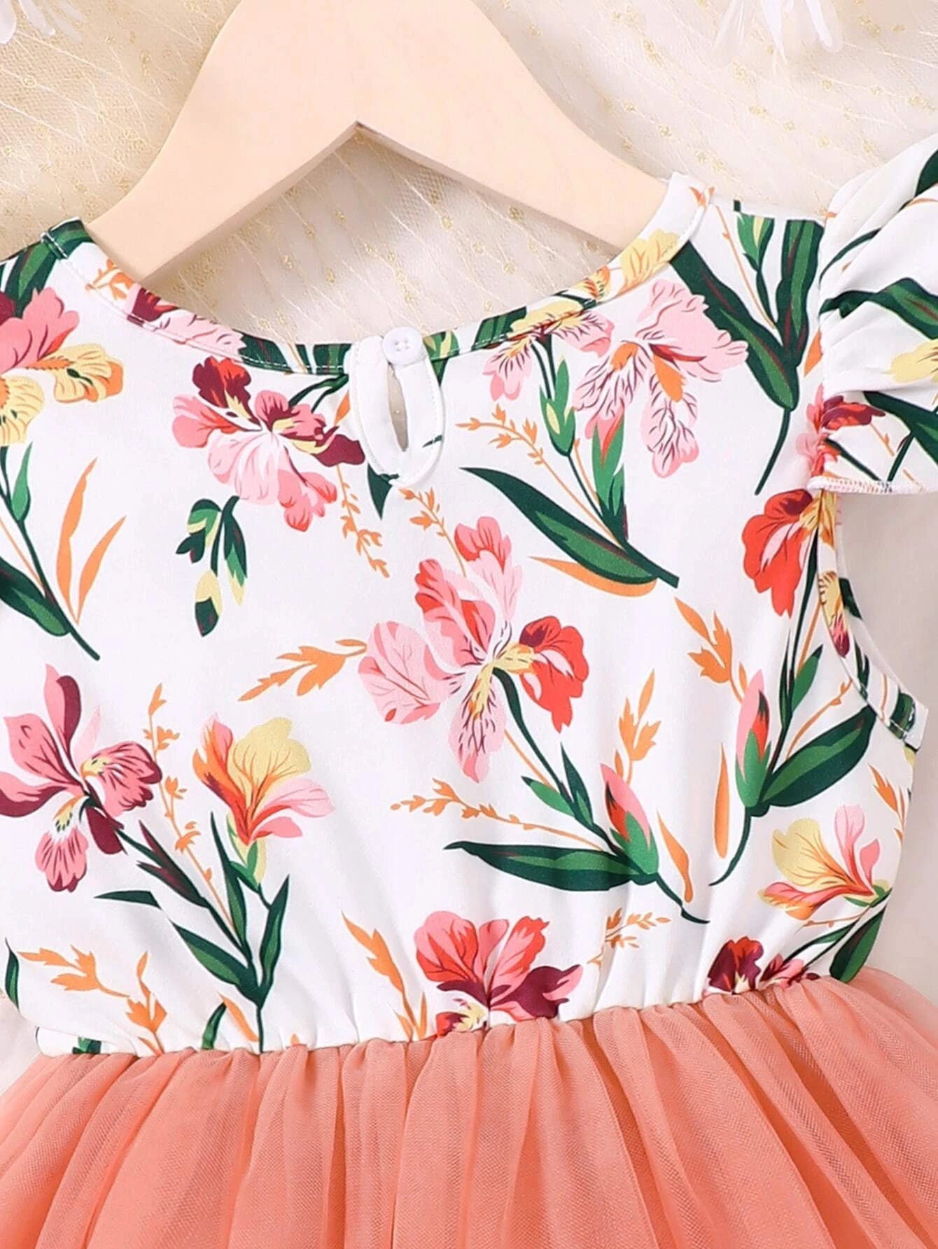 Young Girl Floral Print Contrast Mesh A-Line Dress