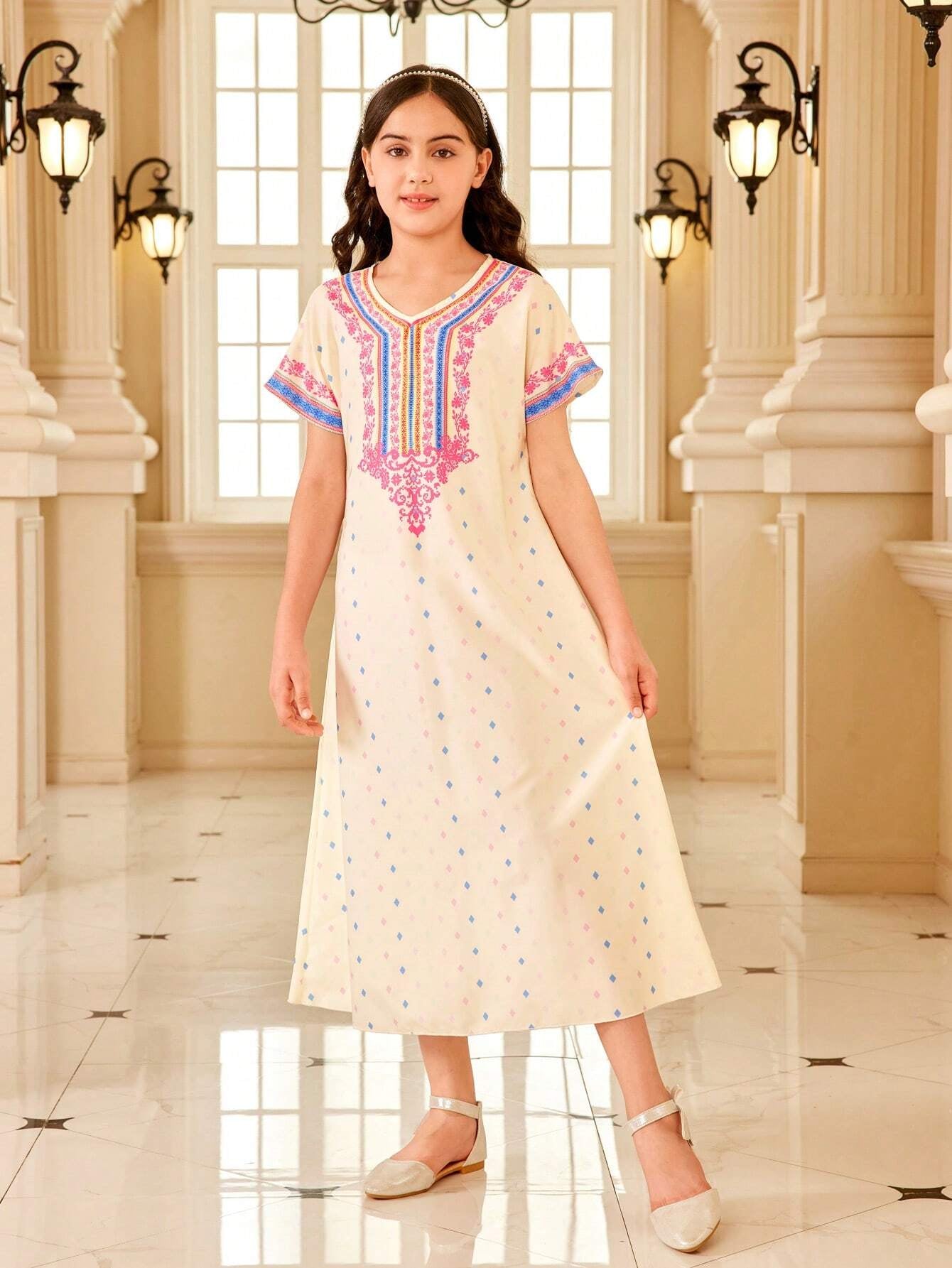 Tween Girls' Elegant Long Printed Dress