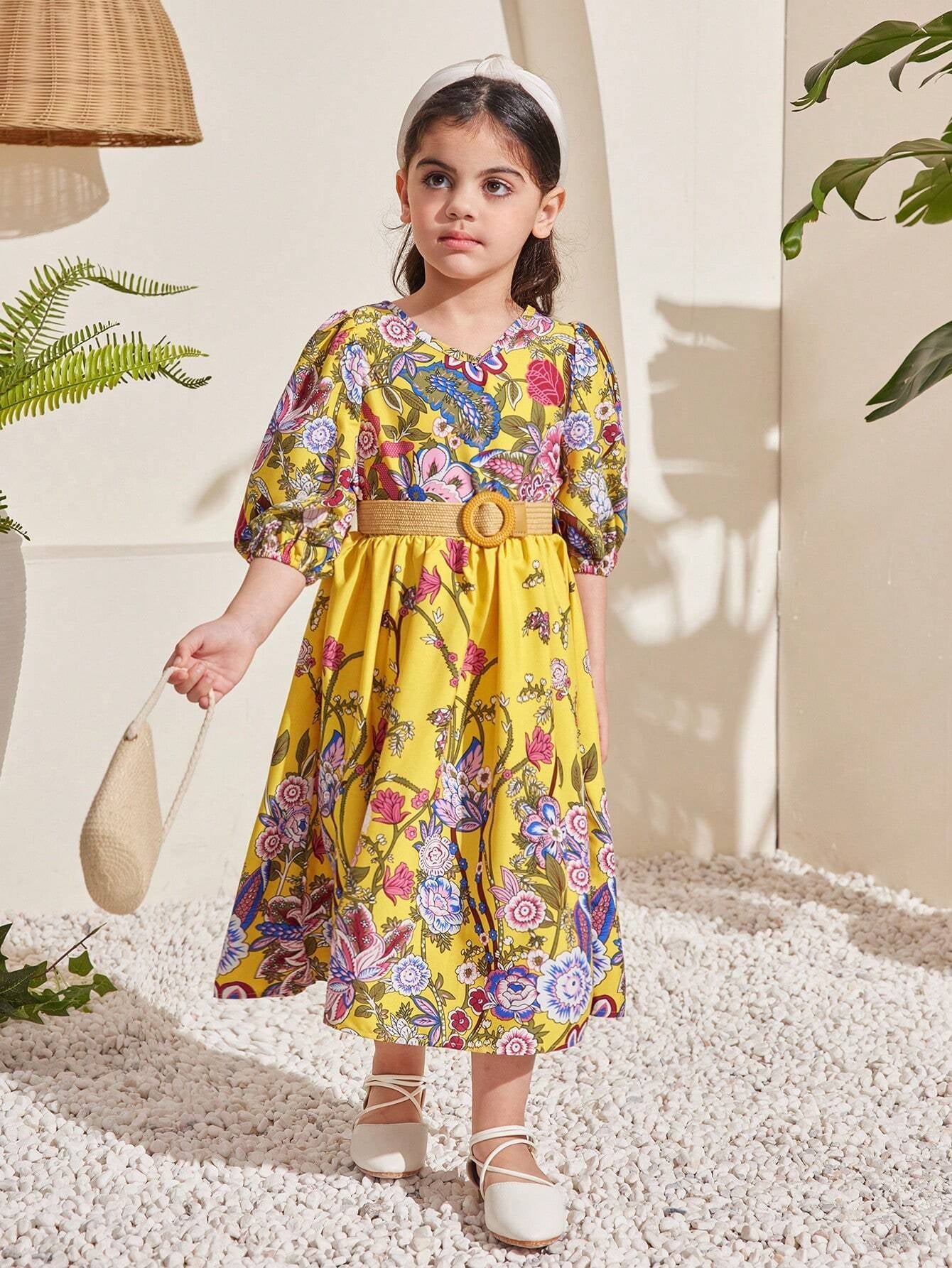 Young Girl Floral Printed V-Neck Puff Sleeve Dress