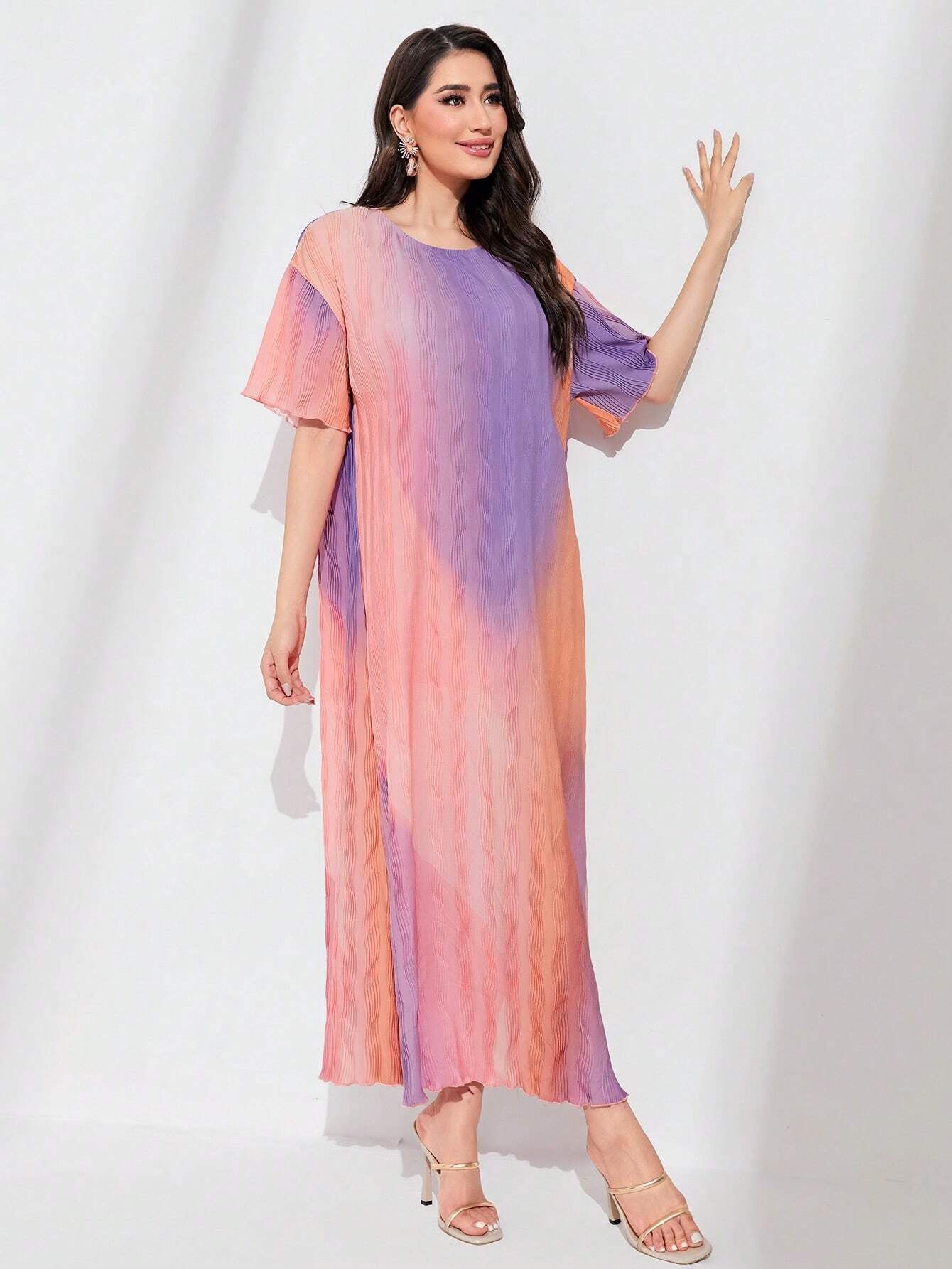 Mulvari Ombre Print Lettuce Trim Dress