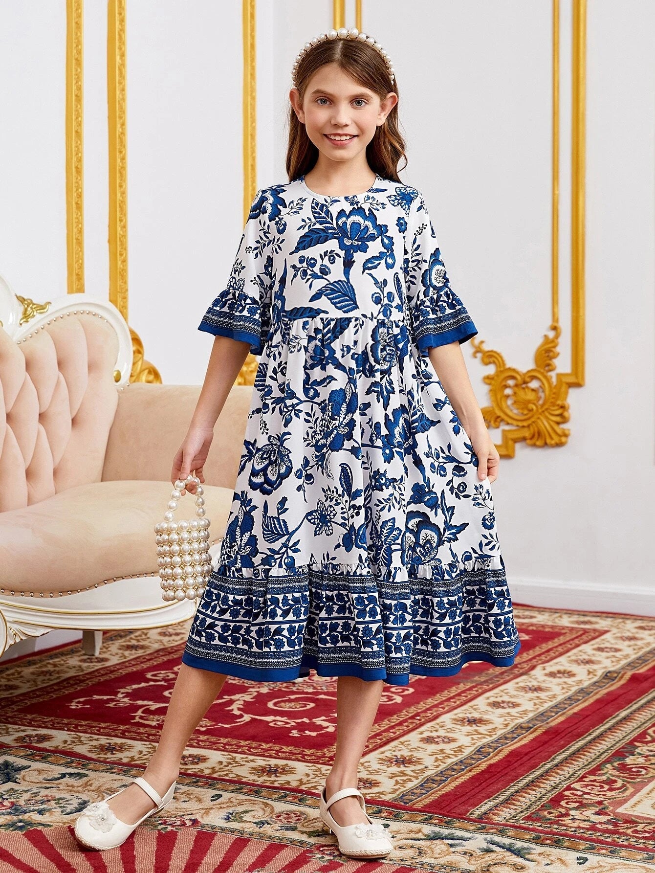 Tween Girl Floral Print Flounce Sleeve Ruffle Hem Dress