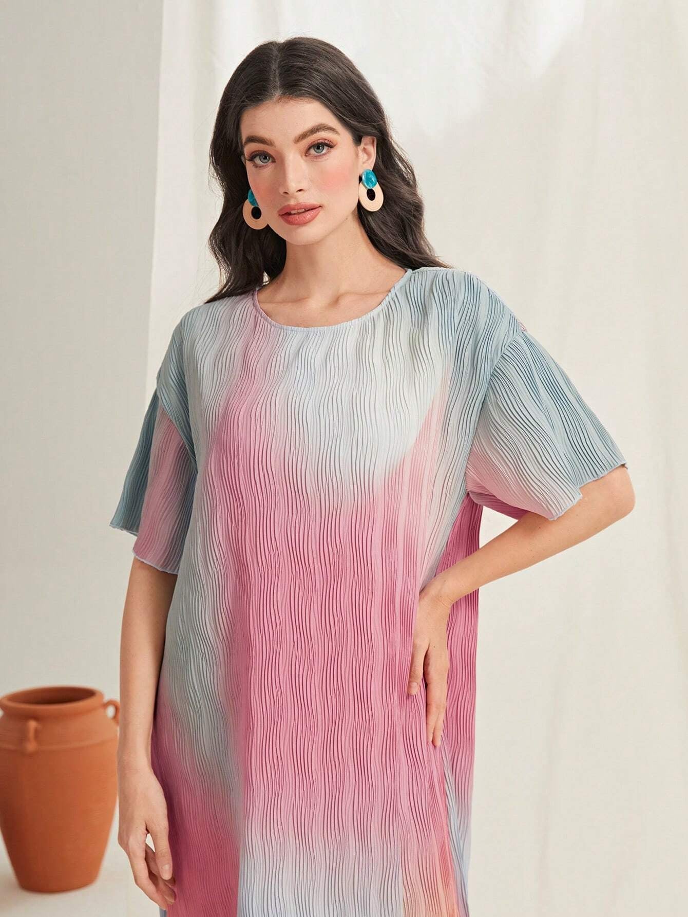 Mulvari Ombre Print Lettuce Trim Dress