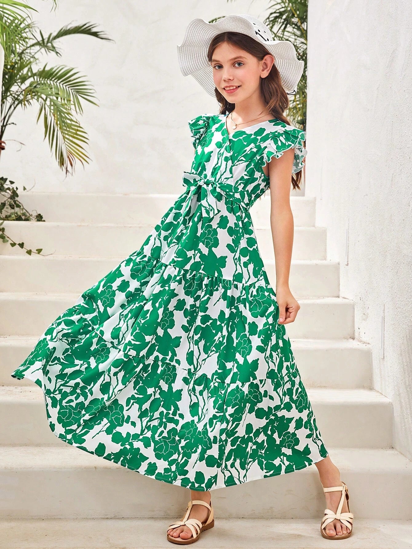 Tween Girls' Elegant Cross V-Neckline Floral Printed Dress with Ruffle Sleeves, Pleated and Tie for Summer