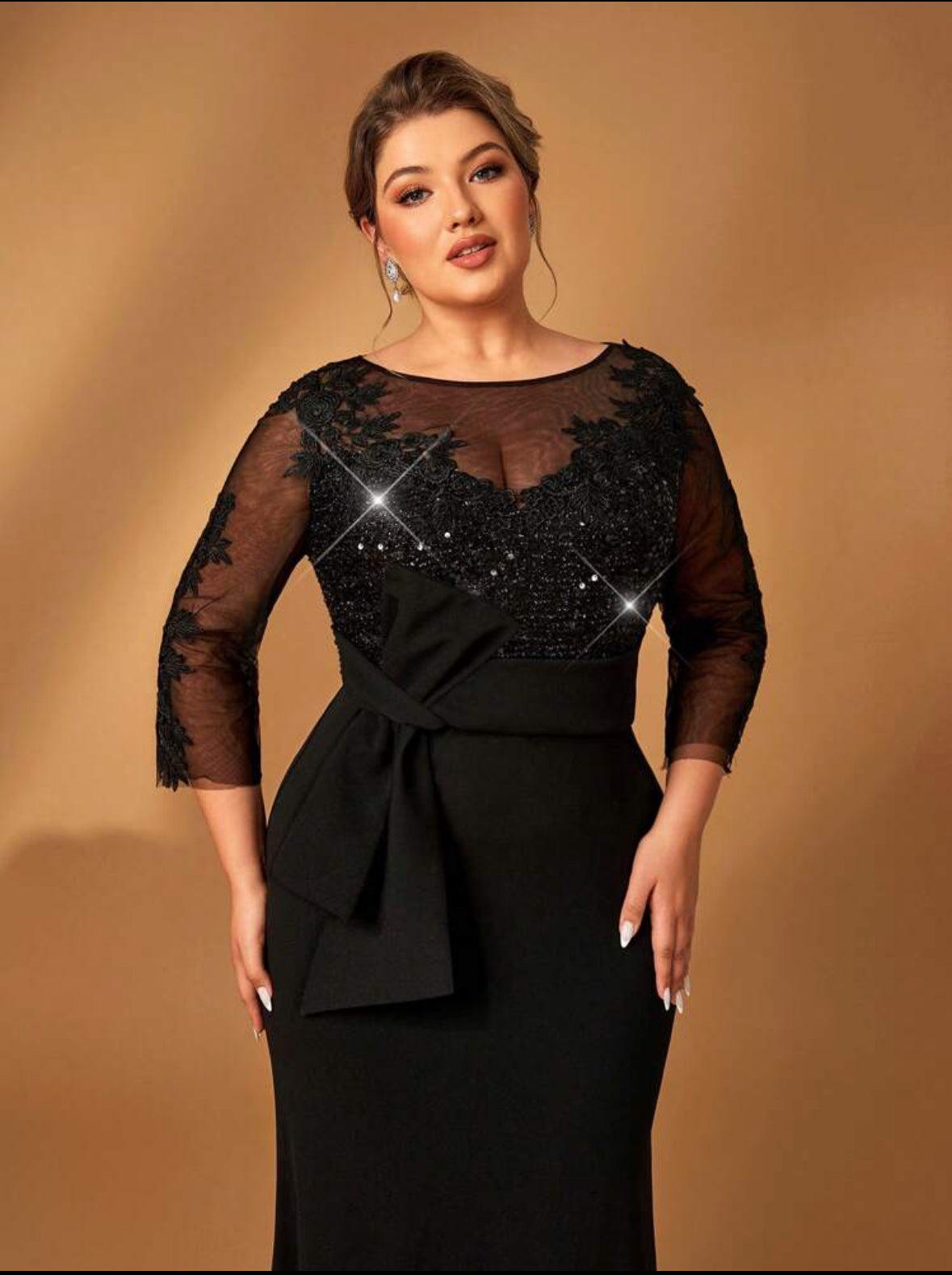 SHEIN Serin فستان ماكسي أنيق ترتر ودانتيل أسود