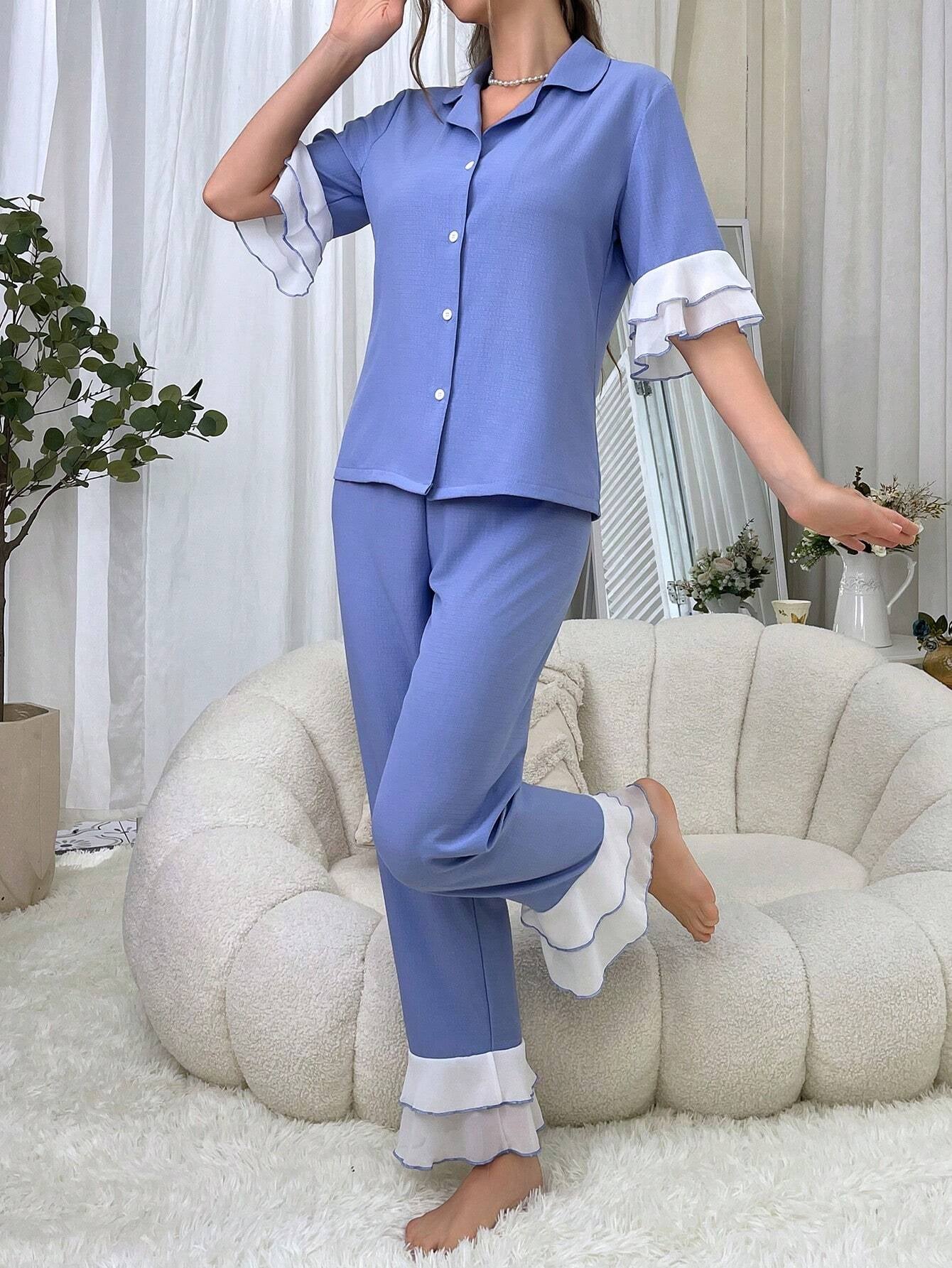 Women'S Two-Piece Sleepwear Set with Color Block Flounce Sleeve Top and Flare Pants