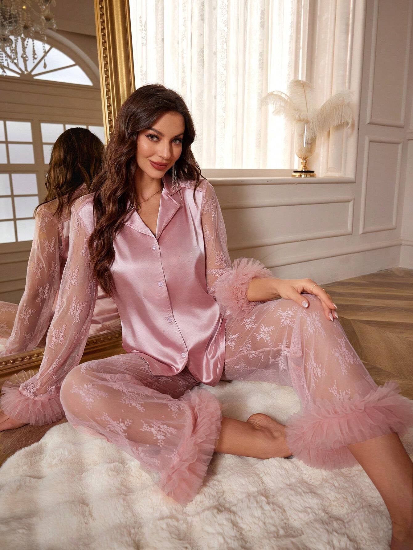Women'S Long Sleeve Lace Patchwork Pajama Set with Long Pants