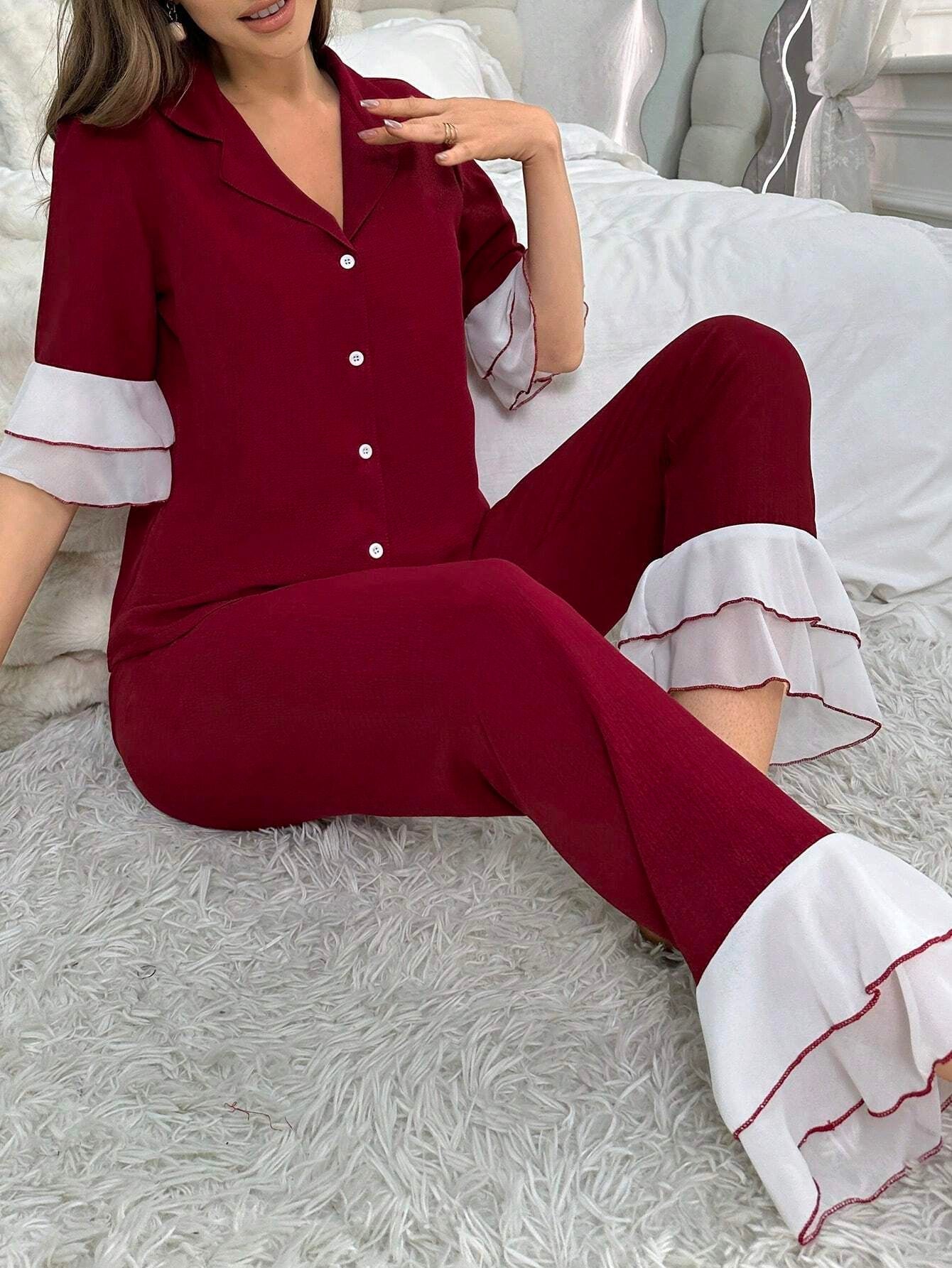 Women'S Two-Piece Sleepwear Set with Color Block Flounce Sleeve Top and Flare Pants