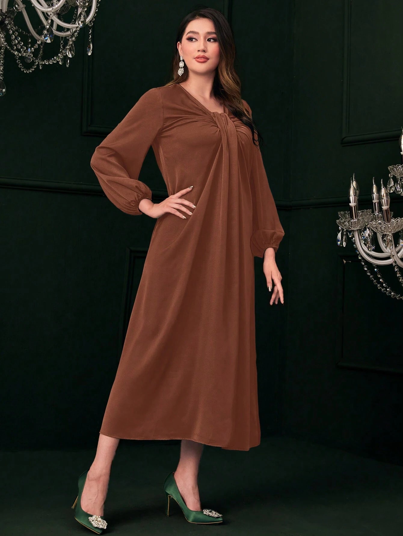 Mulvari Ruched Front Lantern Sleeve Dress