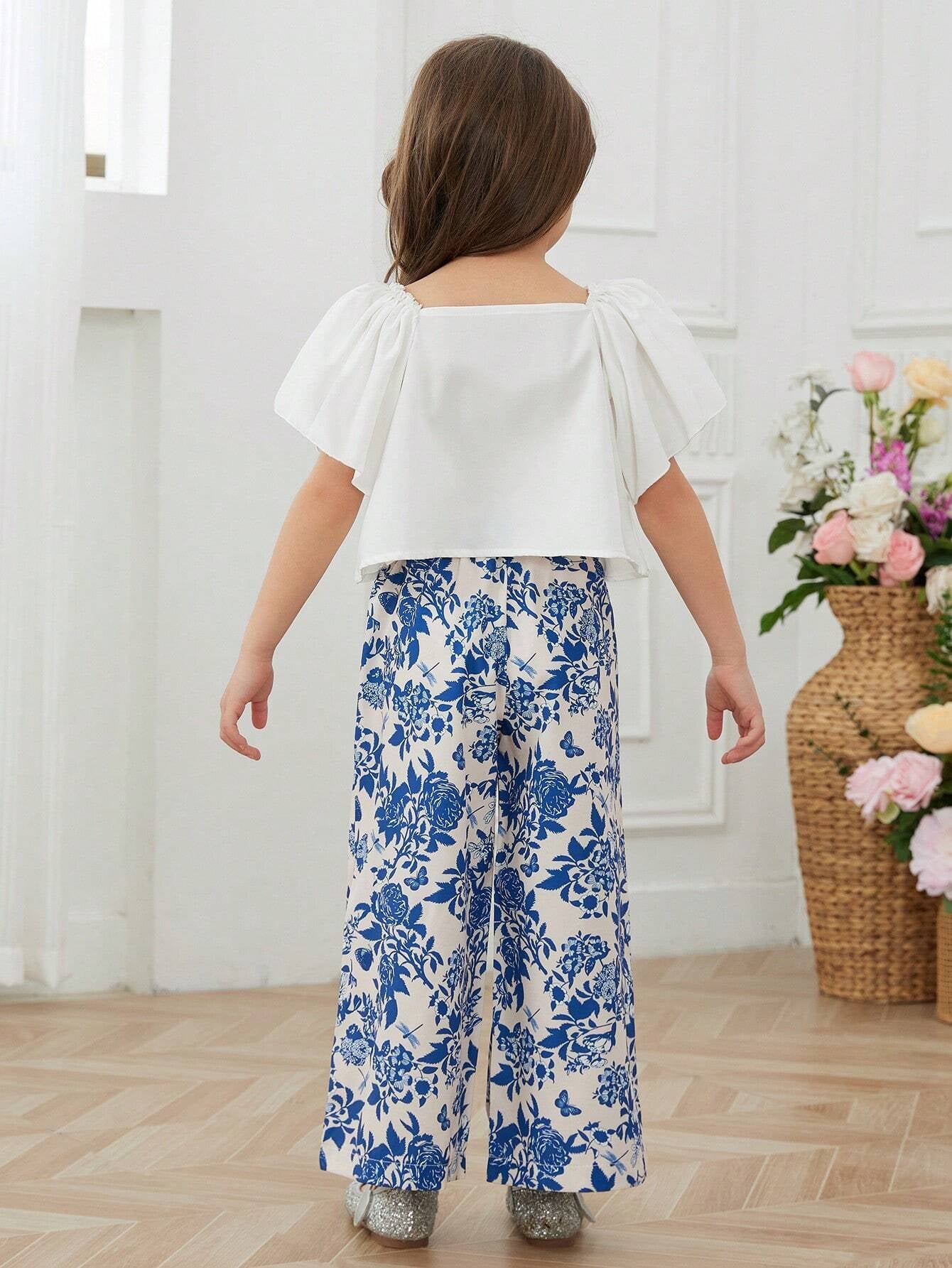Young Girls' Lace Trimmed Top and Floral Printed Wide Leg Pants Two Piece Set