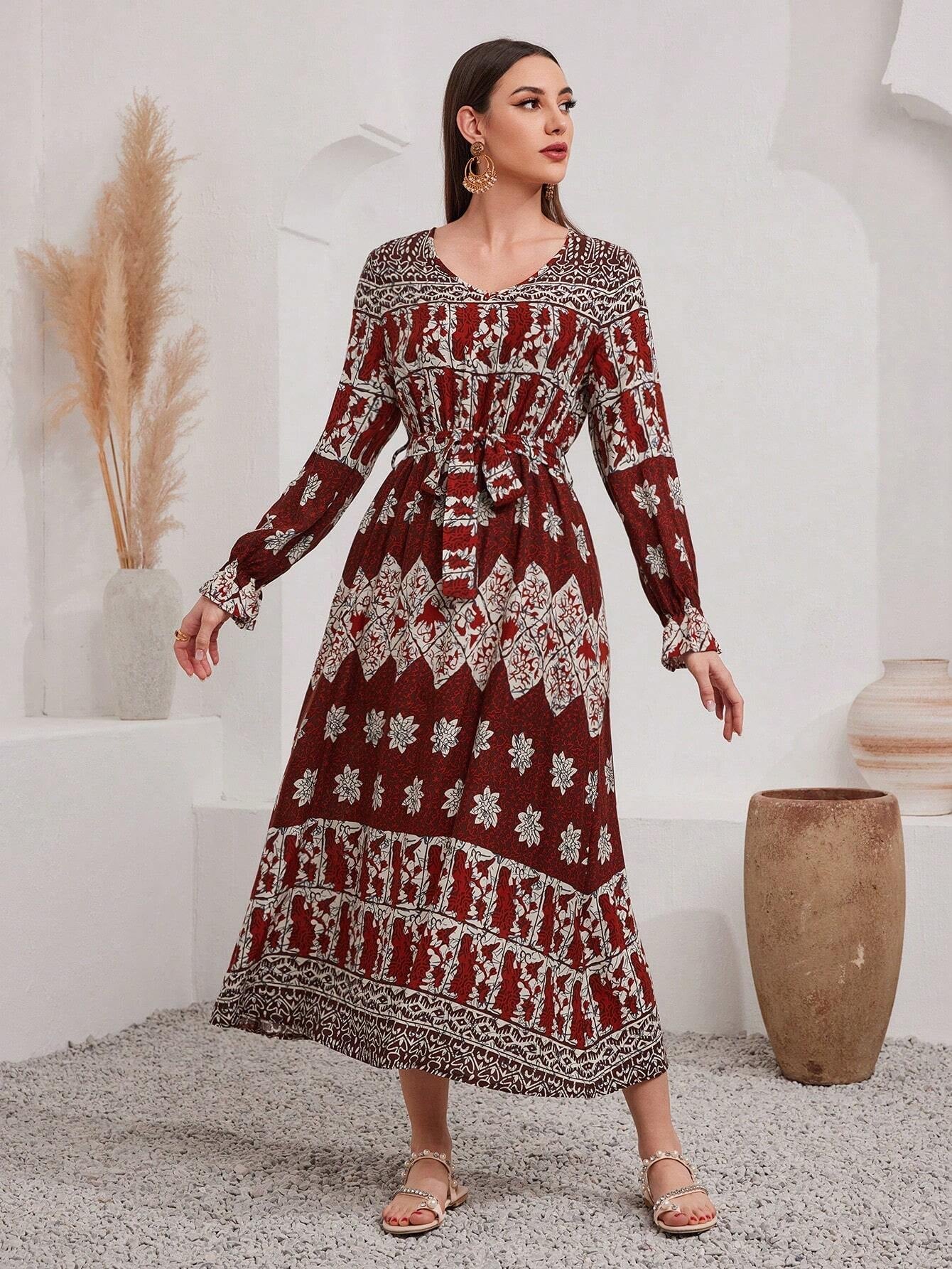 Mulvari Full Printed Long Sleeve Belted Dress