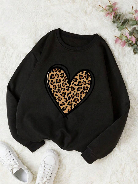 مجموعة ملابس سويت شيرت وبنطال رياضي بنقشة قلب النمر للبنات المراهقات، طقم ملابس فضفاض بجيوب للموضة الخريفية