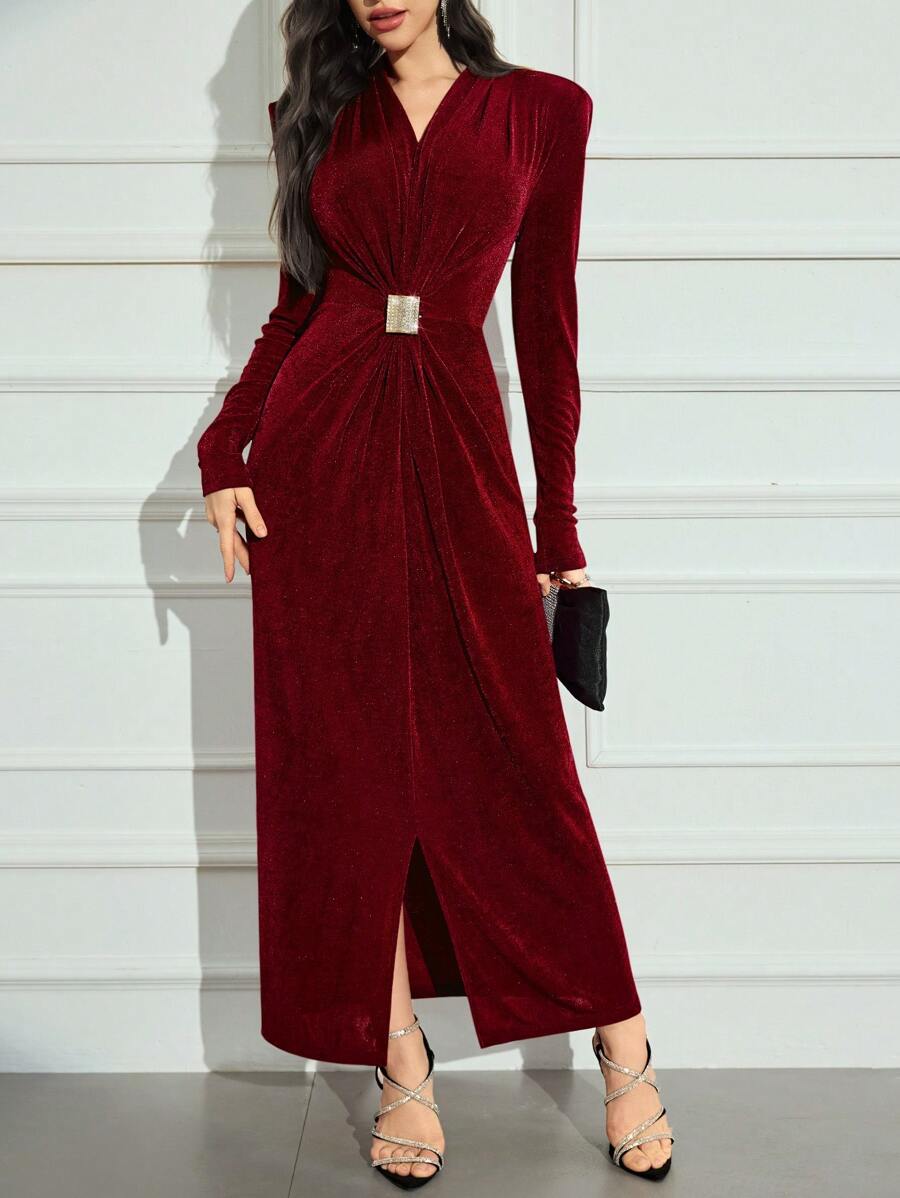 SHEIN Modely فستان حريري أنيق بياقة و كم طويل