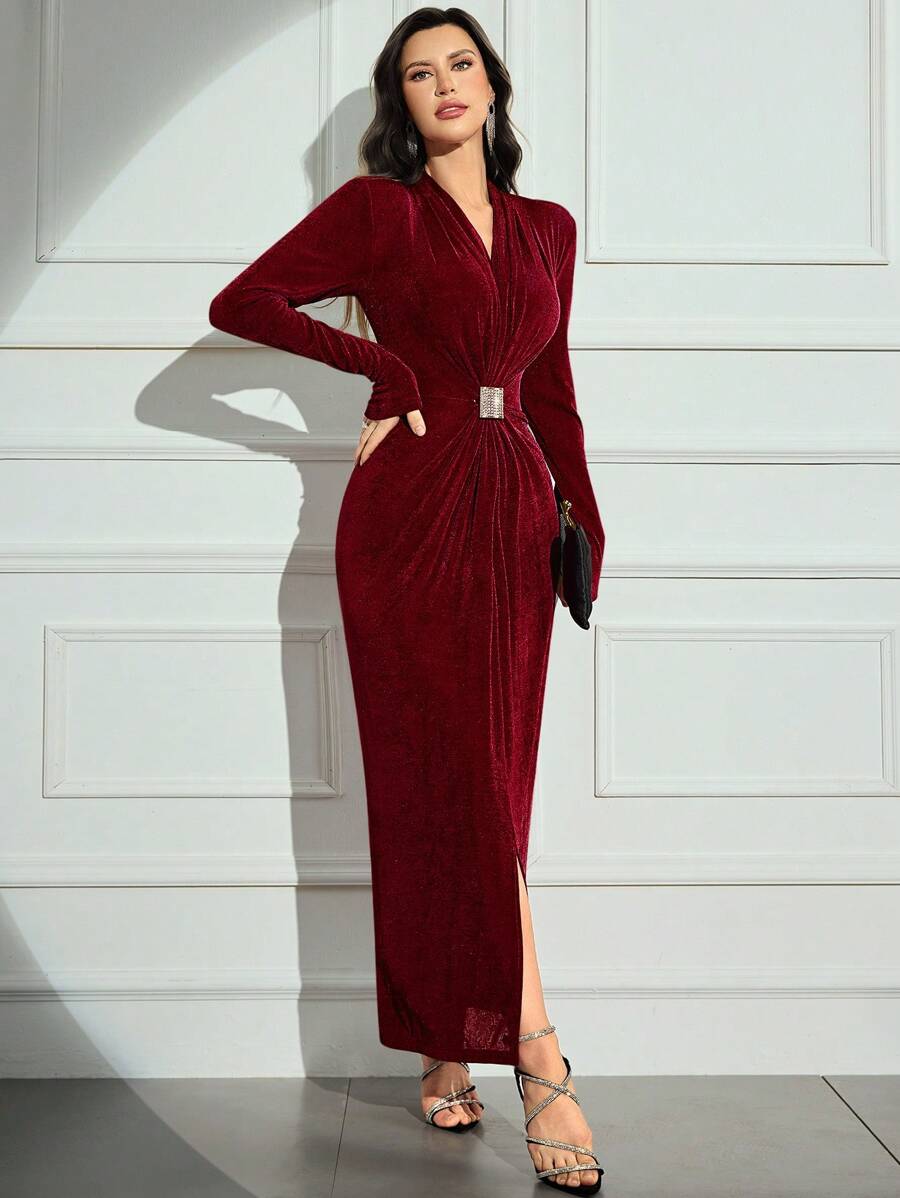 SHEIN Modely فستان حريري أنيق بياقة و كم طويل
