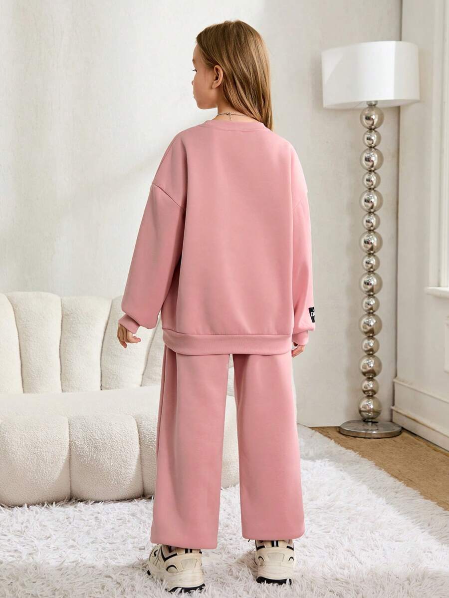 SHEIN بدلة رياضية شتوية مكونة من 2 قطعة، سترة بياقة مستديرة ذات طبعة حرف مطبوعة وبنطال، بطانة من اللباد، مبطنة بسماكة