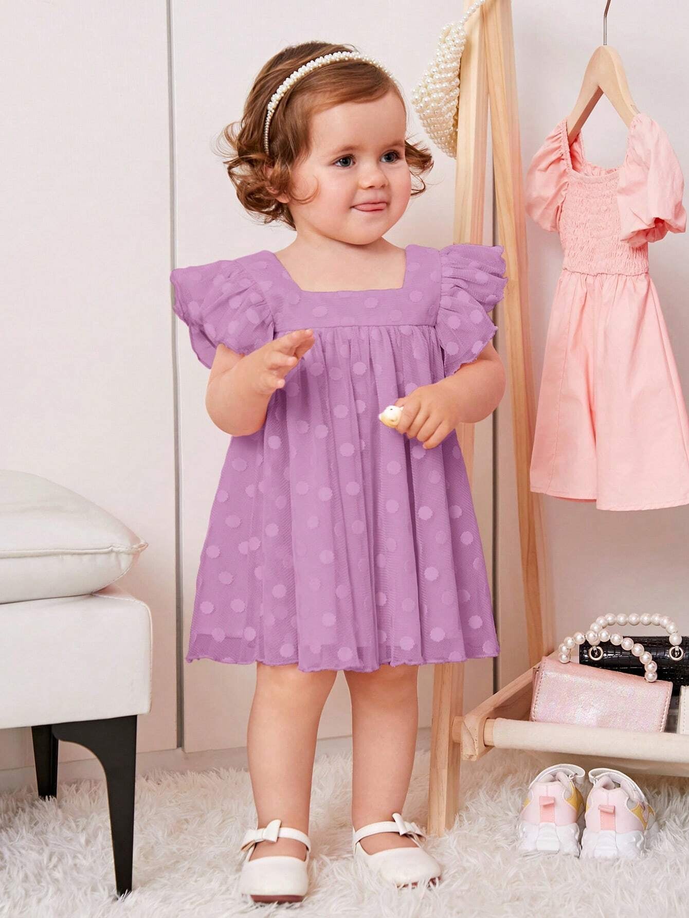 Baby Girl'S Sweet Polka Dot Mesh Dress with Square Neckline and Short Flutter Sleeves