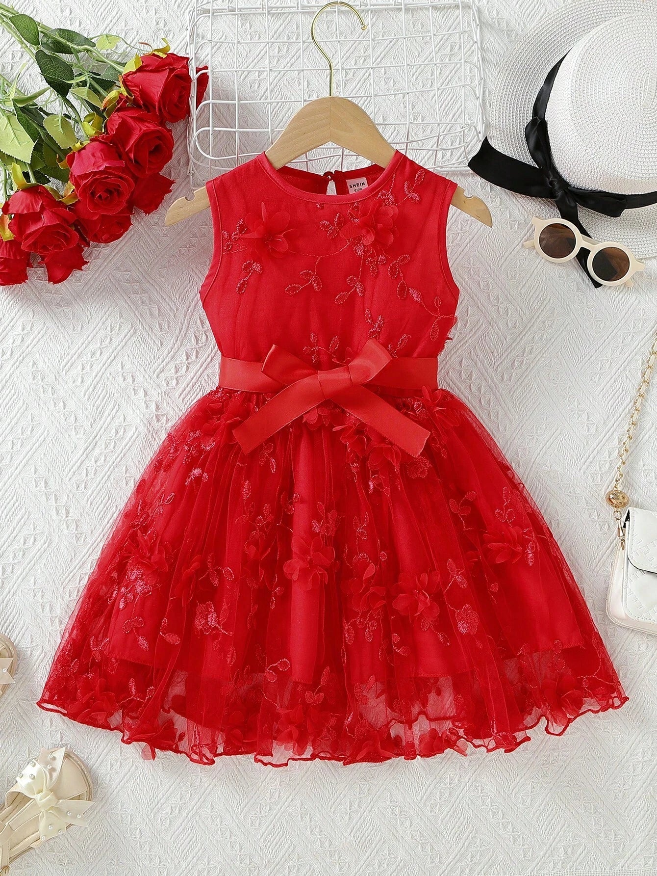 Young Girl, Red Sleeveless Princess Dress with Embroidered Mesh Patchwork