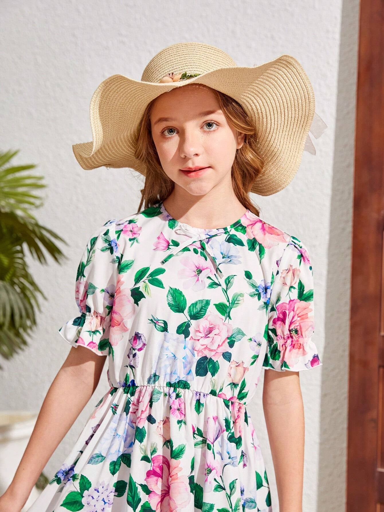 Tween Girl'S Woven Floral Print round Neckline Fitted Waist Casual Holiday Dress