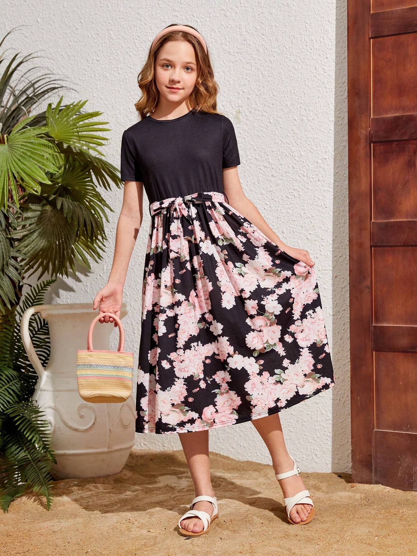 SHEIN Kids فستان بنات كاجوال متكامل بأكمام مستديرة وطبعات زهور مشتركة لفتيات المراهقات