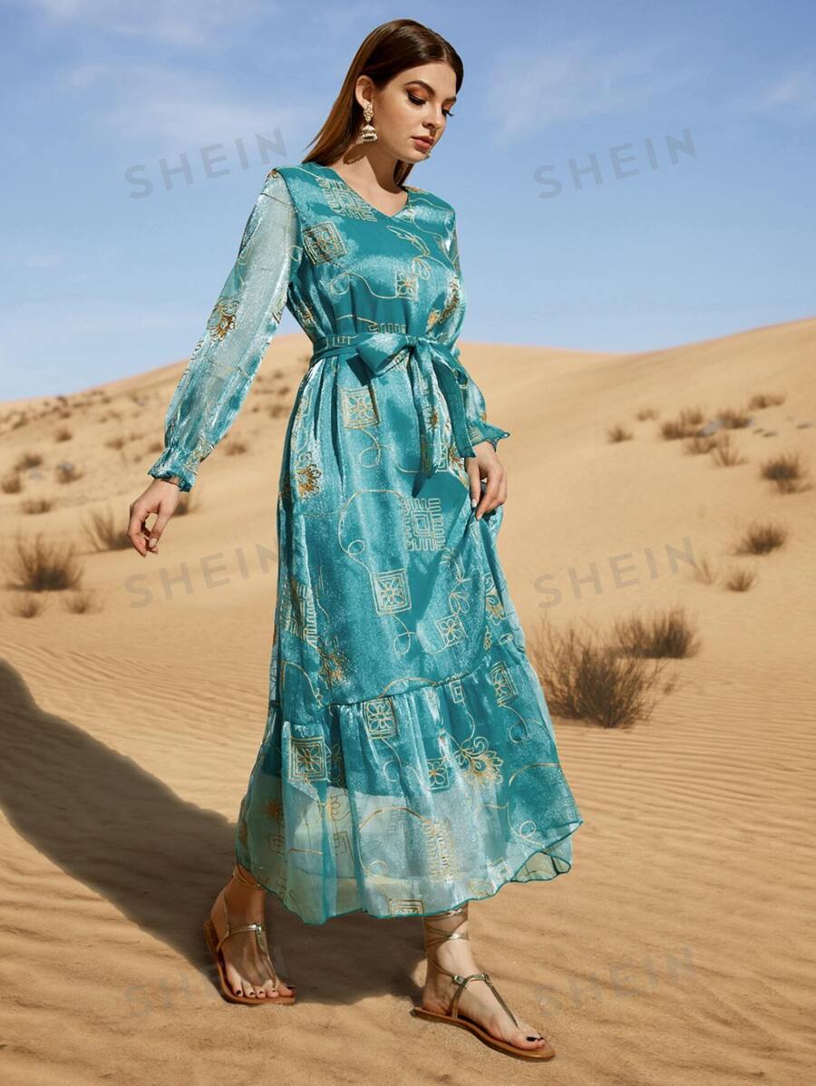 SHEIN Najma فستان نسائي قفطان تطريز نقش الزهور مع أكمام بتنورة متدلية وحزام