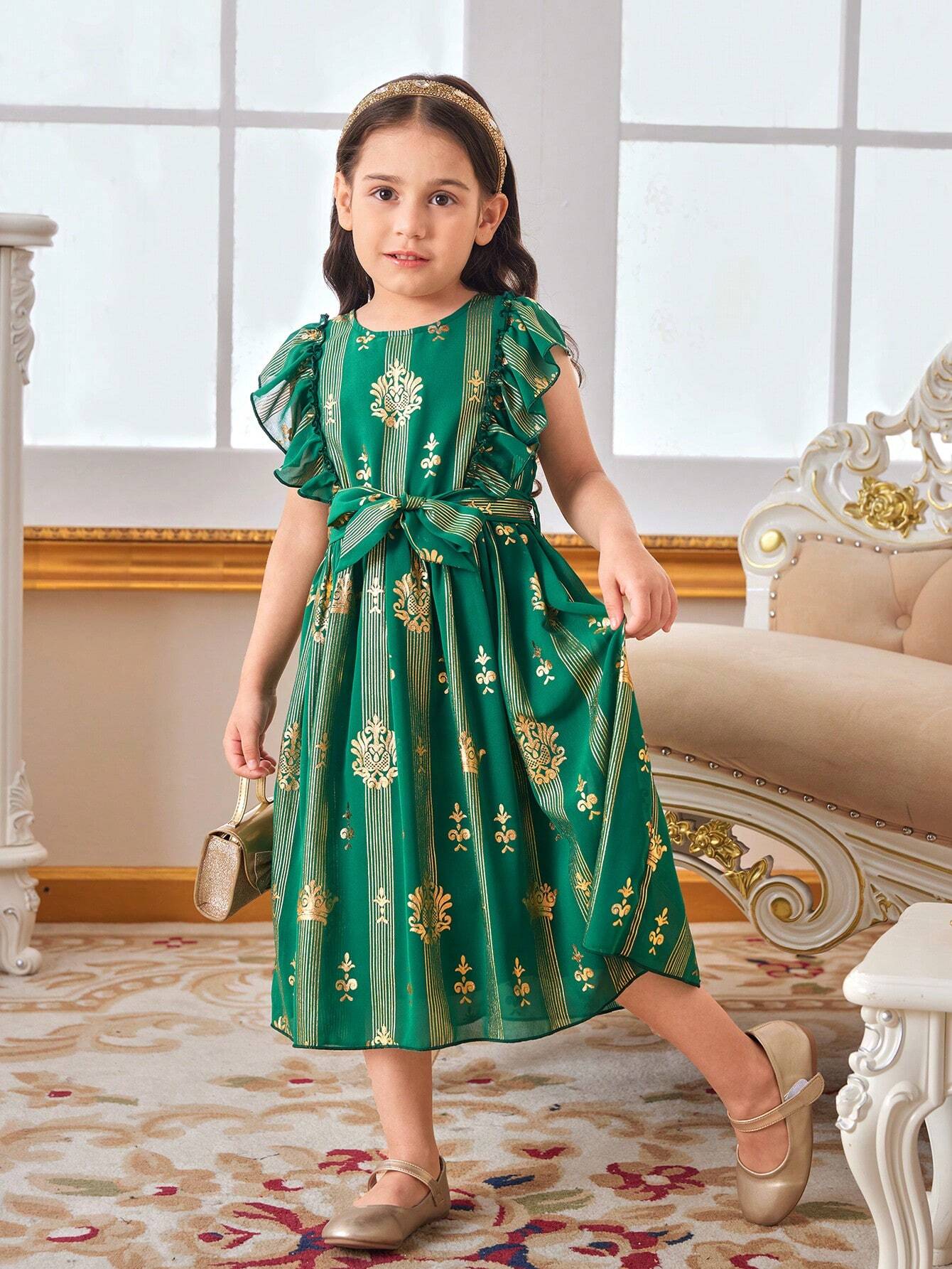 SHEIN Kids فستان بنات صيفي جديد للبنات الصغيرات مع حرفية ورق الذهب، فستان بأسلوب القصر العتيق الفاخر