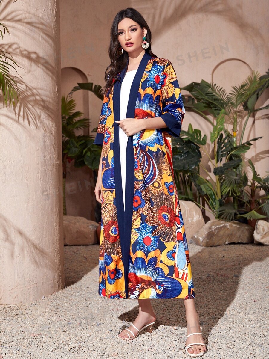 SHEIN Najma عباءة بطبعة الزهور مفتوحة من الأمام