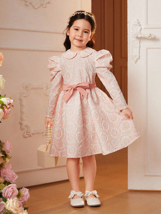 SHEIN Kids فستان بنات فتاة صغيرة بيتر بان طوق جيجوت أكمام بحزام