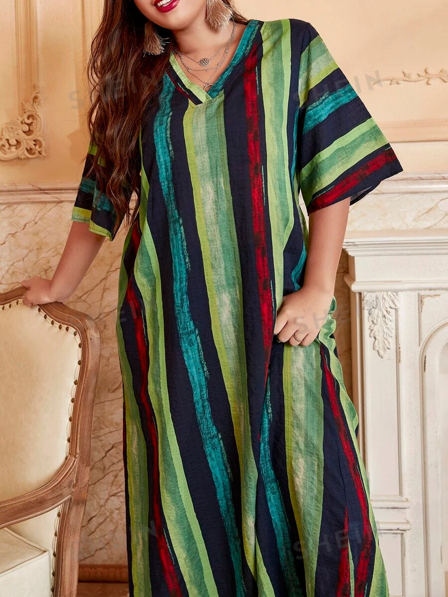 SHEIN Mulvari فستان نسائي طويل مخطط مقاسات كبيرة