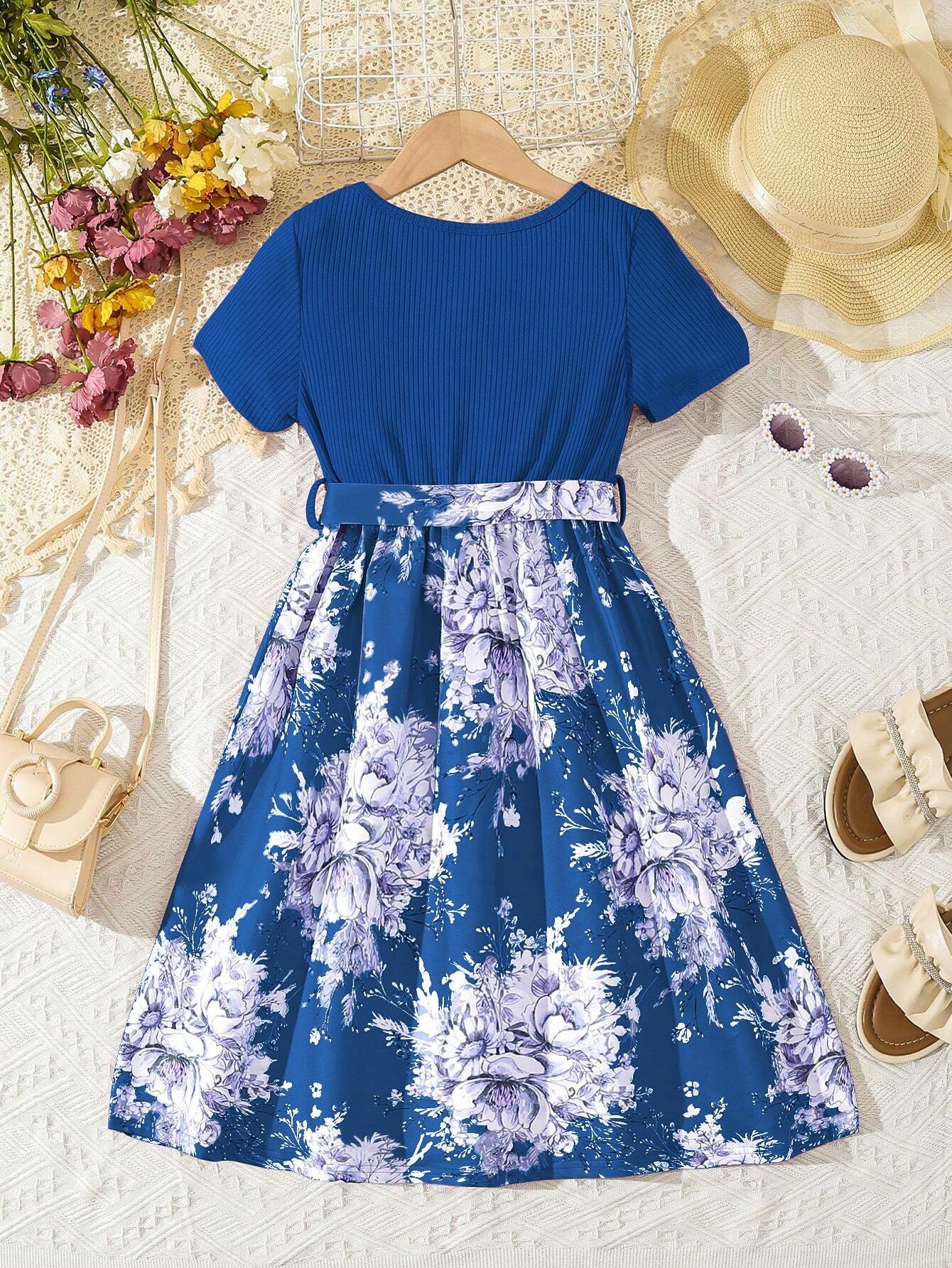 SHEIN Kids EVRYDAY فستان بنات ماكسي للفتاة المتوسطة العمر بتصميم أنيق يجمع بين الألوان القوية والطبعات الزهرية