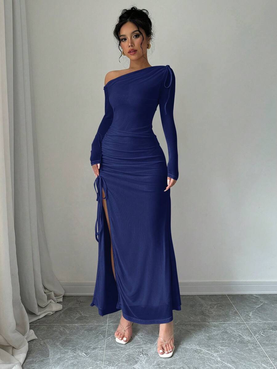 SHEIN Elenzya فستان طويل أليق للسيدات مصمم بكتف غير متماثل وأكمام طويلة ورباط وشق علوي مناسب للمناسبات الرسمية والأنيقة