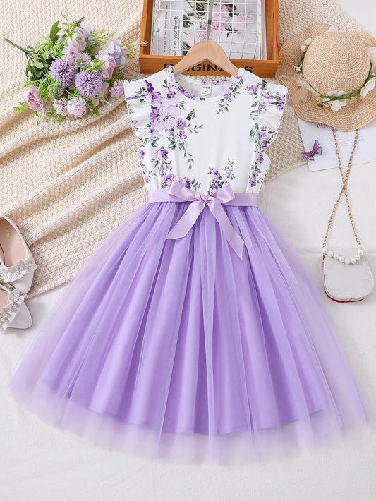 SHEIN Kids CHARMNG فستان بنات فتيات مراهقات طبعات زهور مع تقليم روفل وحاشية من الشبكة