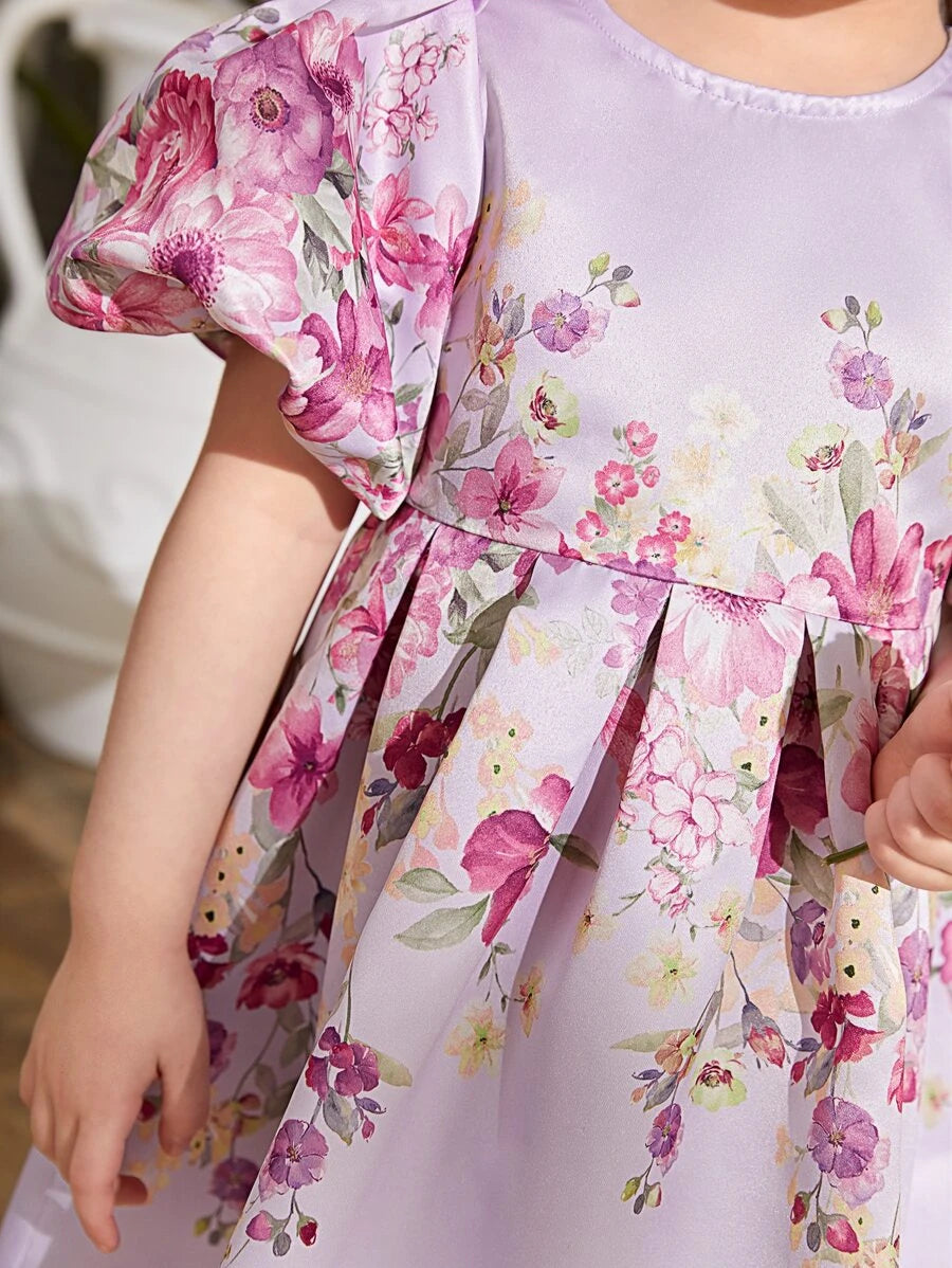 SHEIN Kids فستان بنات نقش الزهور بأكمام منتفخة للفتيات الصغيرات