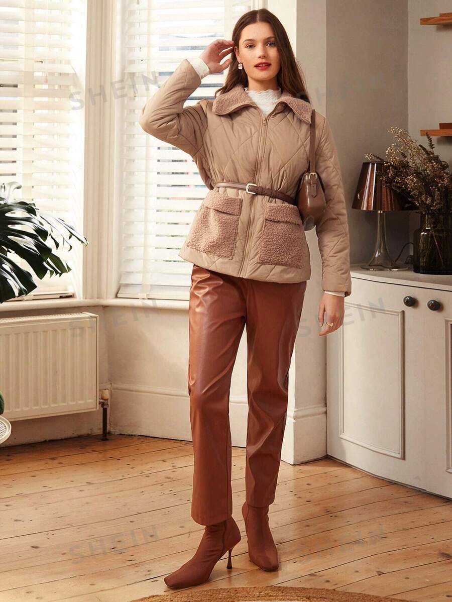 SHEIN Frenchy سترة معطف مبطن بتصميم بياقة مرقعة وجيب للنساء