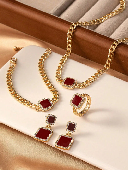 SHEIN طقم 5 قطع مجوهرات مربع مرصع بالراينستون