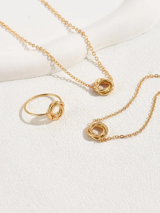 SHEIN طقم ذهبي 3 قطع قلادة وسوار وخاتم معدني