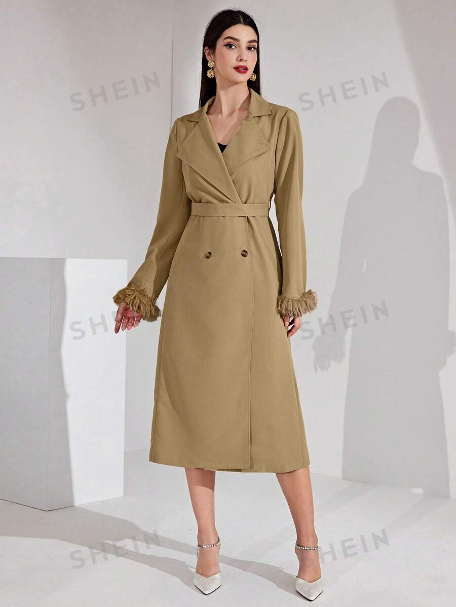 SHEIN Modely معطف نسائي بأزرار مزدوجة وأصفاد بكرات شعر مع تصميم لوحة الأقمشة المختلطة