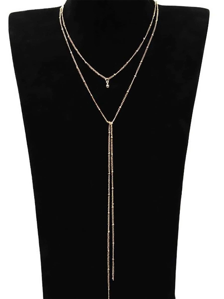 قلادة أوروبية وأمريكية أسلوب أساسي و الموضة تصميم فلز على شكل-Y معلق طبقة مزدوجة شرابة للنساء قطعة واحدة
